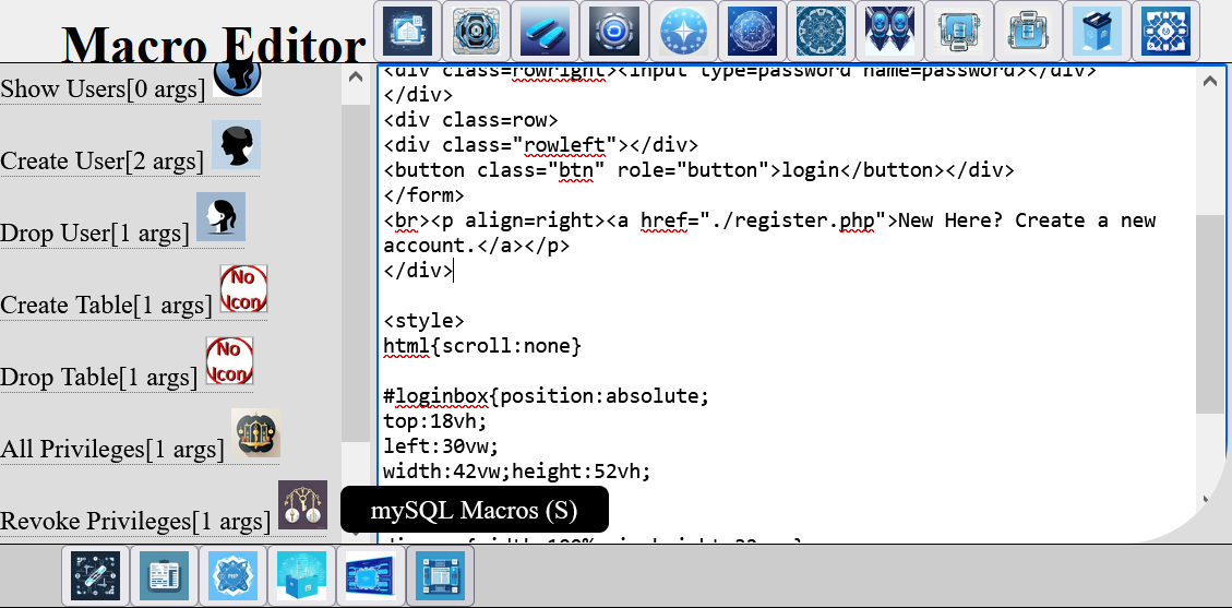 A screenshot of Macro Editor with a document containing a combination of HTML and CSS. The user is hovering the cursor over the mySQL icon and a black tooltip says "mySQL Macros (S)" in white, centered, text
